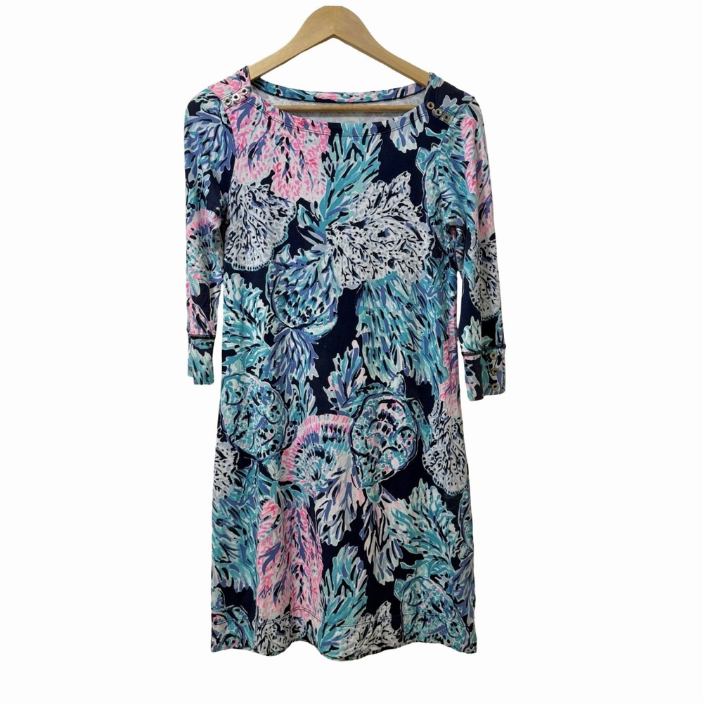 Lilly Pulitzer Sophie 3/4 Sleeve Shift Mini Dress Size S Blue Tropical Vacation